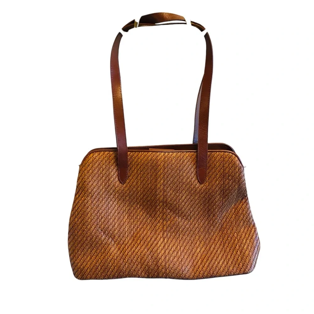 Fossil Tan Woven Straw & Leather Tote Bag With Double Handles & Multiple Pockets - Picture 2 of 4